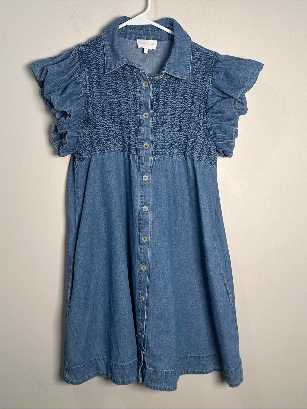 Entro women’s Blue Denim Button-Front Dress with Smocked Bodice